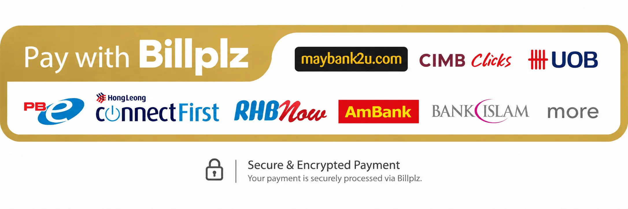 Bayar melalui Billplz: perbankan internet Maybank2u, CIMB Clicks, RHB Now, Public Bank, Hong Leong, AmBank, Bank Islam, UOB dan lain-lain.